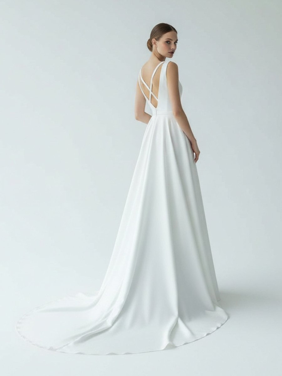 A - Line White Satin Elegant V Neck Wedding Dress - KissProm