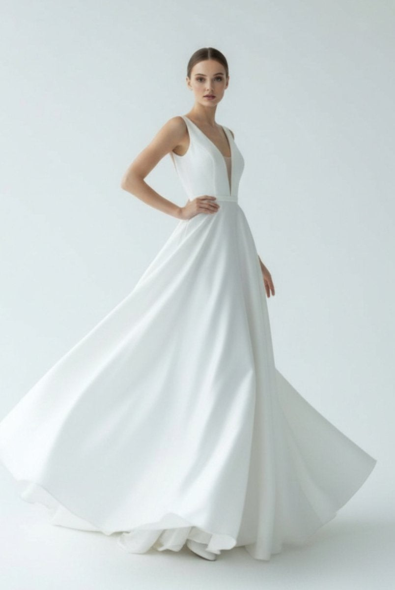 A - Line White Satin Elegant V Neck Wedding Dress - KissProm