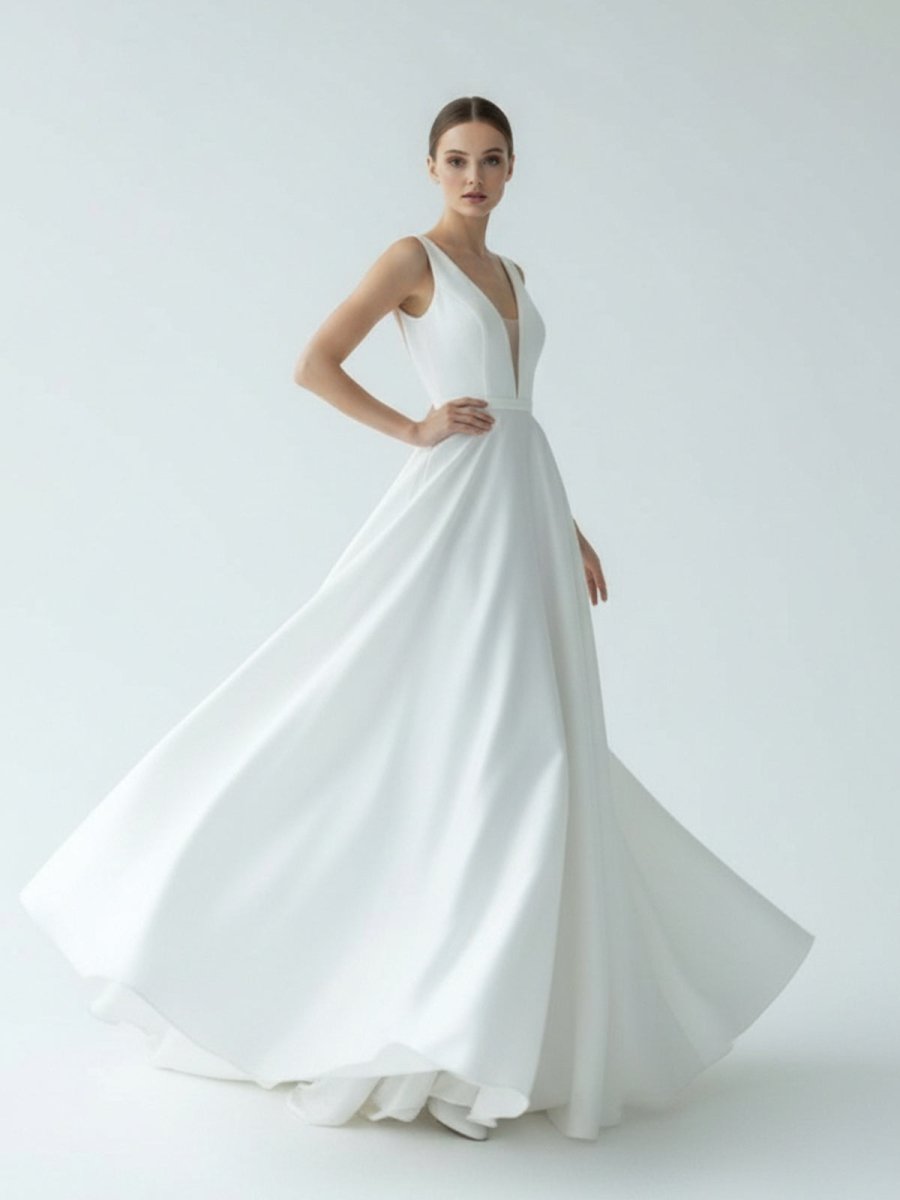 A - Line White Satin Elegant V Neck Wedding Dress - KissProm