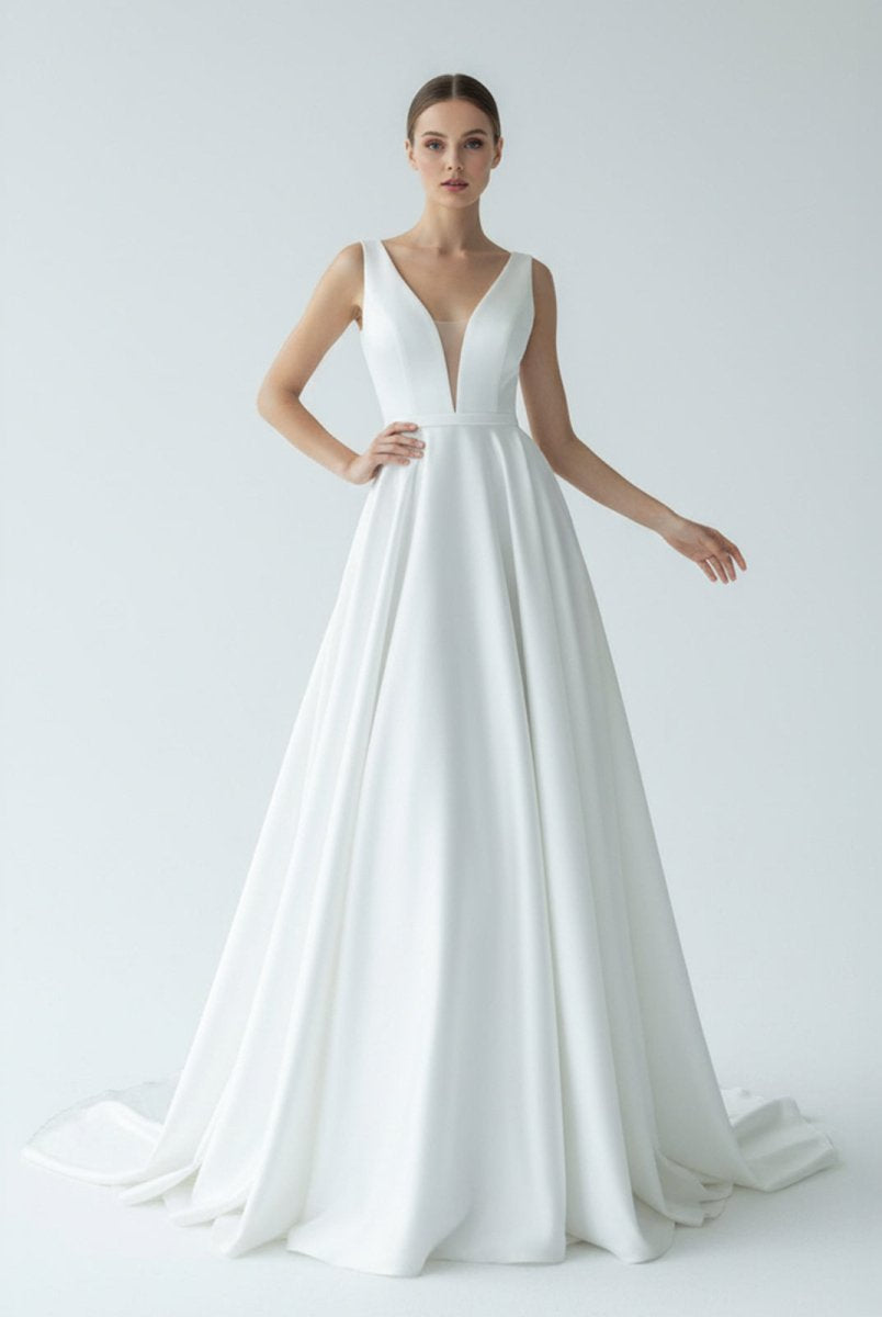A - Line White Satin Elegant V Neck Wedding Dress - KissProm