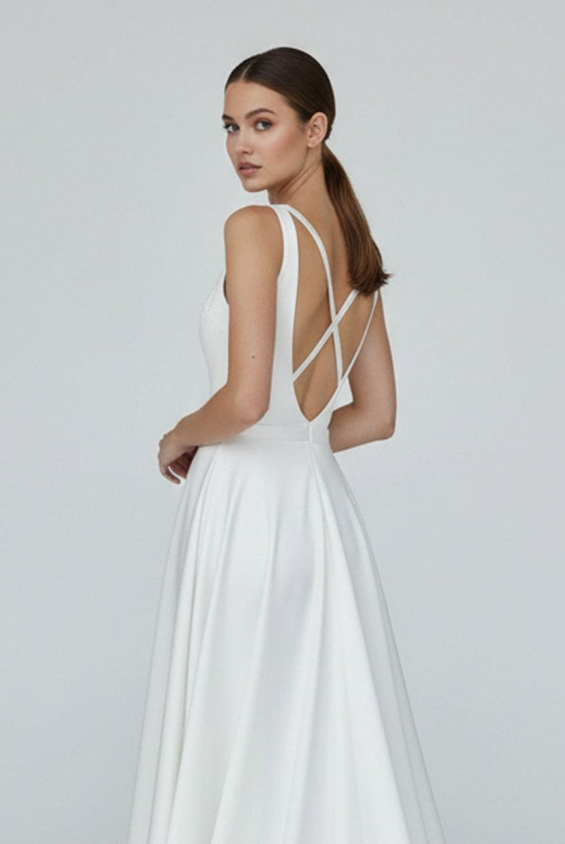 A - Line White Satin Elegant V Neck Wedding Dress - KissProm