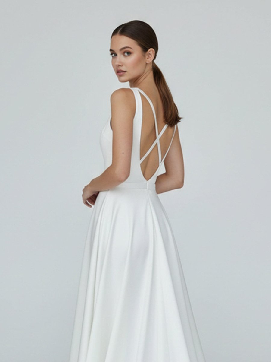 A - Line White Satin Elegant V Neck Wedding Dress - KissProm
