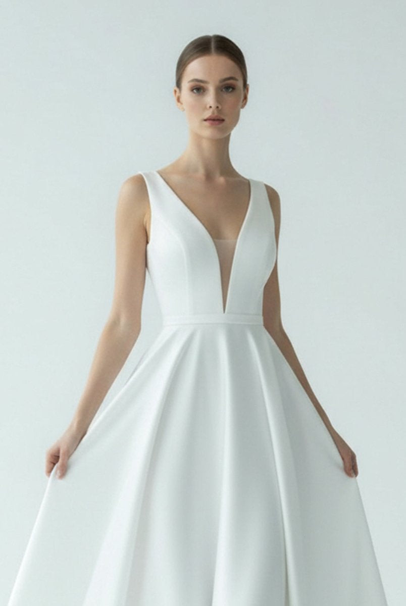 A - Line White Satin Elegant V Neck Wedding Dress - KissProm