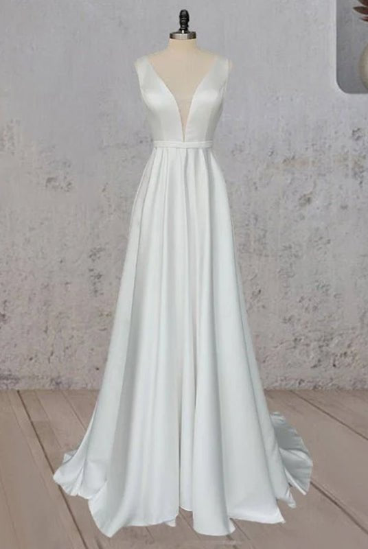 A - Line White Satin Elegant V Neck Wedding Dress - KissProm