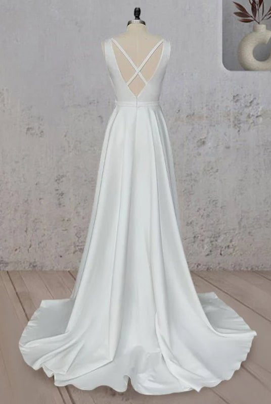 A - Line White Satin Elegant V Neck Wedding Dress - KissProm