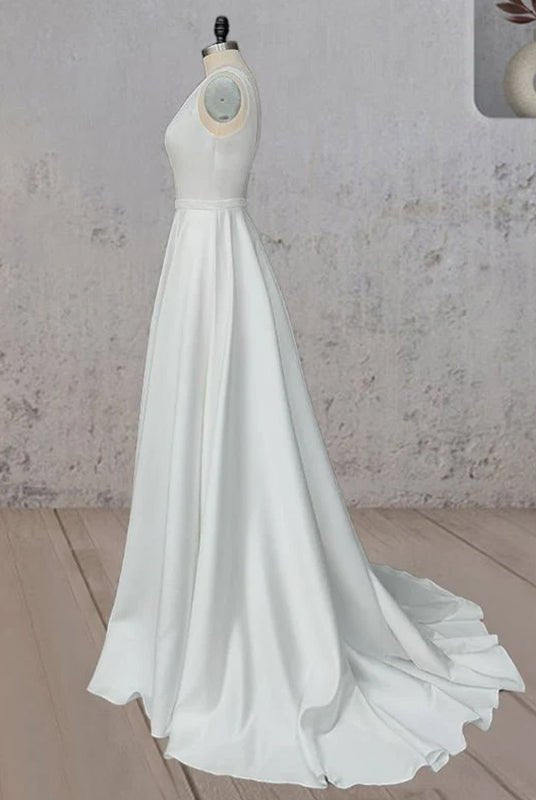 A - Line White Satin Elegant V Neck Wedding Dress - KissProm