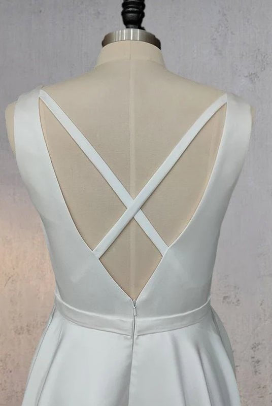 A - Line White Satin Elegant V Neck Wedding Dress - KissProm