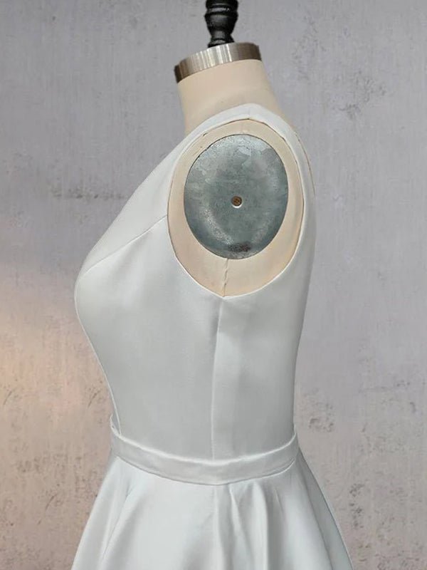 A - Line White Satin Elegant V Neck Wedding Dress - KissProm