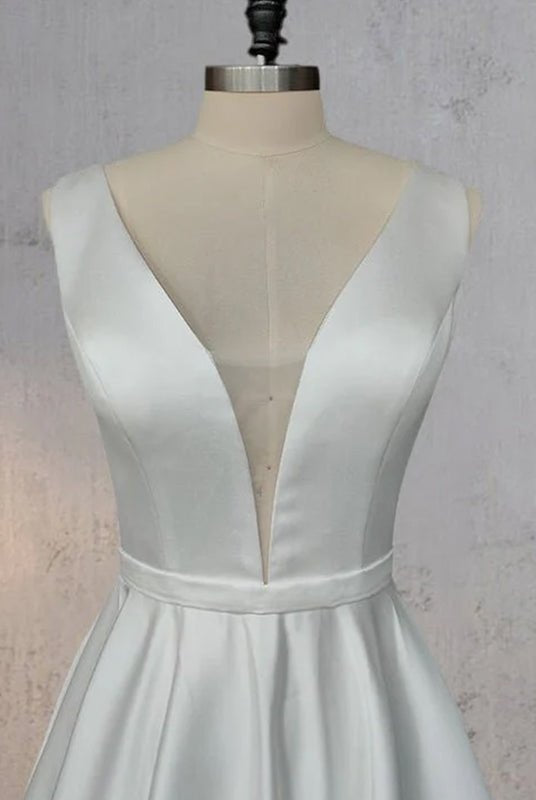 A - Line White Satin Elegant V Neck Wedding Dress - KissProm