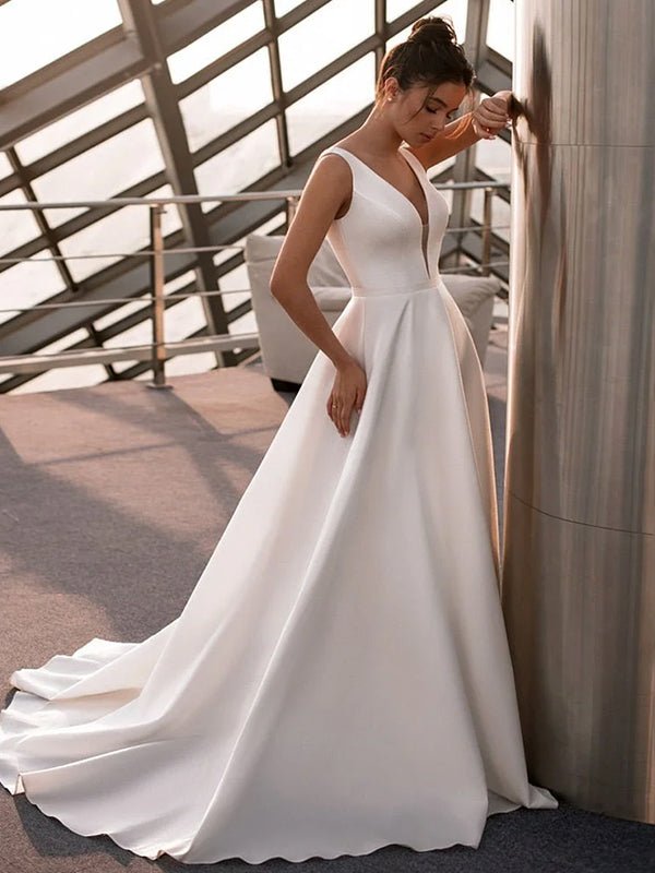 A - Line White Satin Elegant V Neck Wedding Dress - KissProm