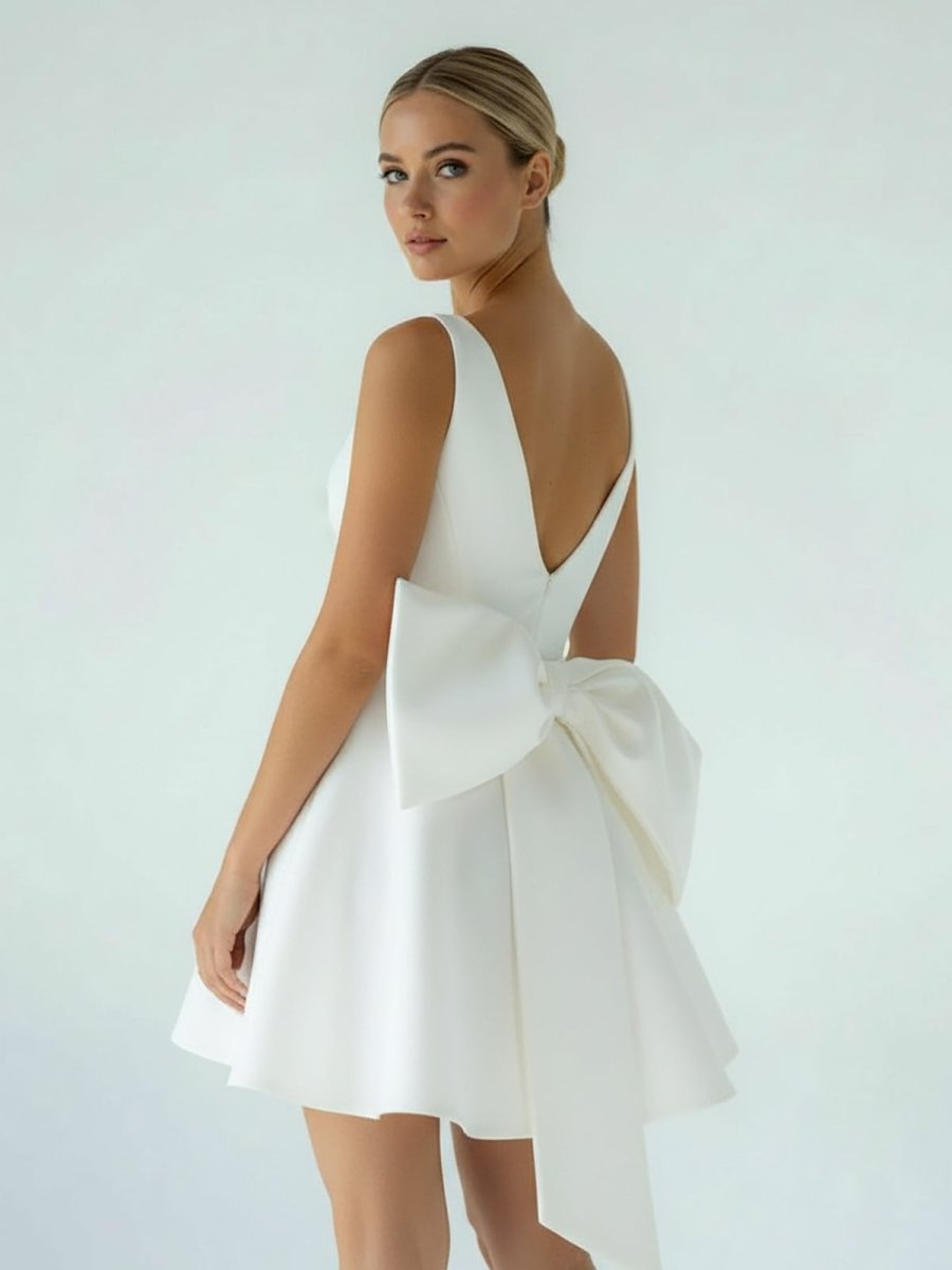 Thessaly | A - Line White Satin V - Neck Short Wedding Dress with Bow - KissProm