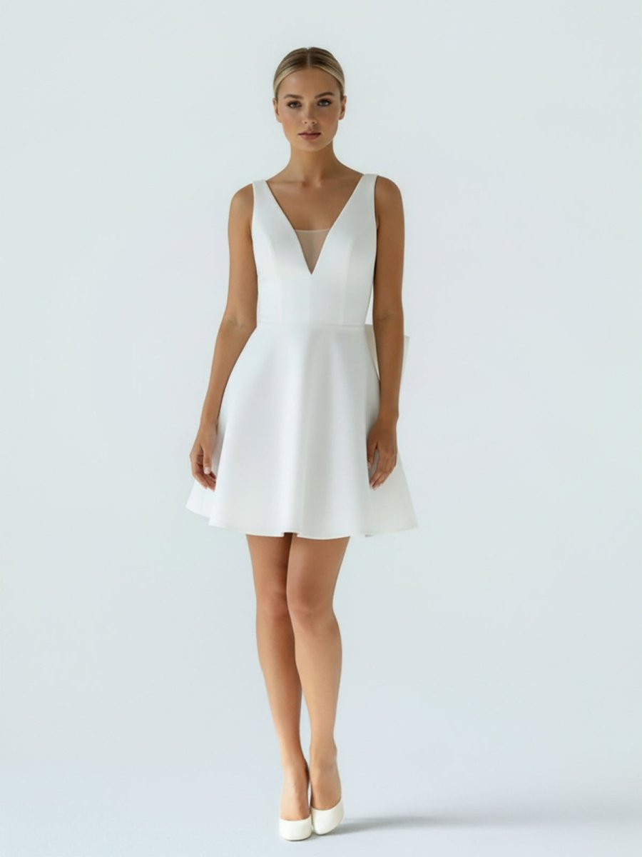 Thessaly | A - Line White Satin V - Neck Short Wedding Dress with Bow - KissProm