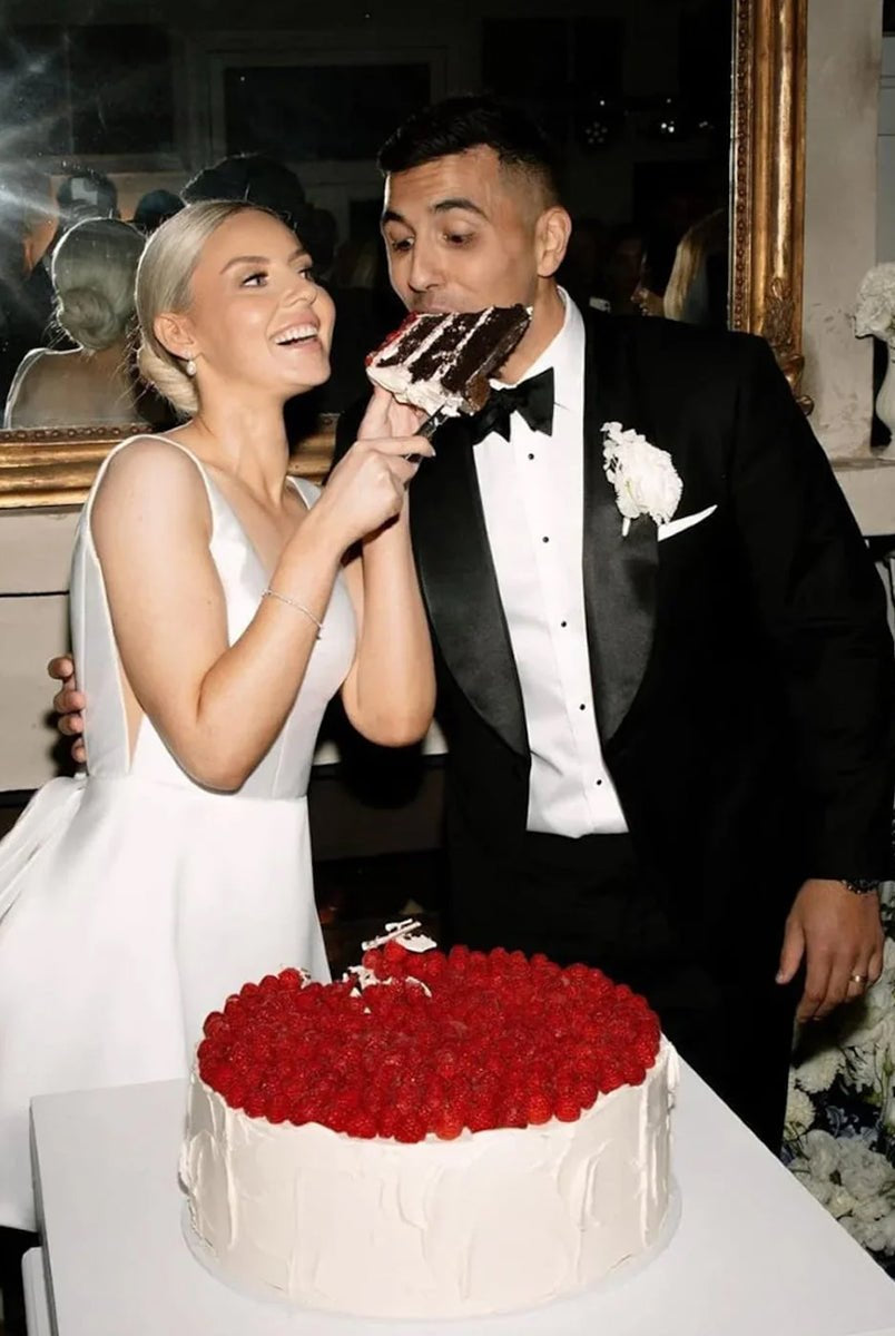 Thessaly | A - Line White Satin V - Neck Short Wedding Dress with Bow - KissProm