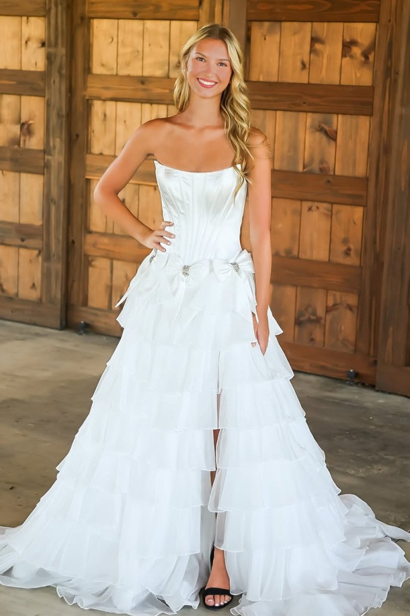 Felice | White - Scoop Neck A Line Chiffon Tiered Prom Dresses With Bowknot - KissProm