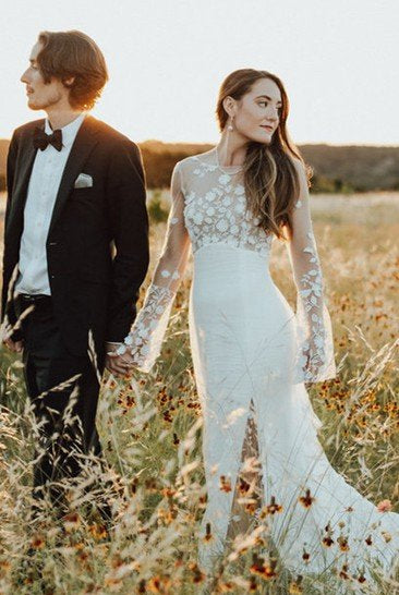 Bohemian Mermaid Bateau Chiffon Wedding Dress with Appliques and Split Front