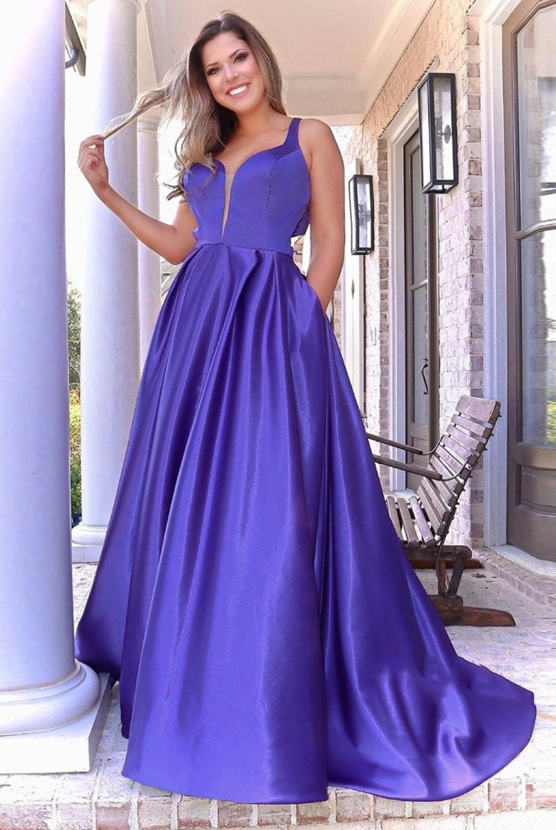 A Line V Neck Long Purple Prom Dress