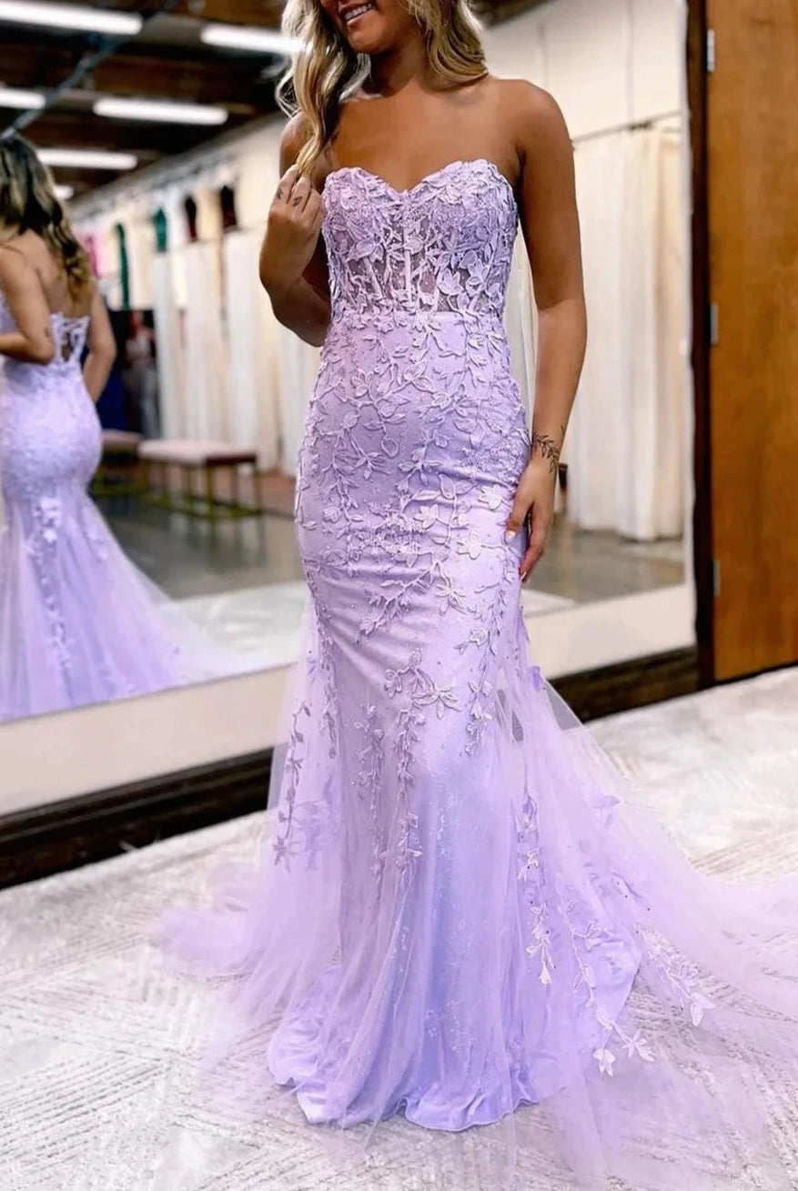 Pink Mermaid Sweetheart Neck Lace Long Prom Dress With Appliques - KissProm