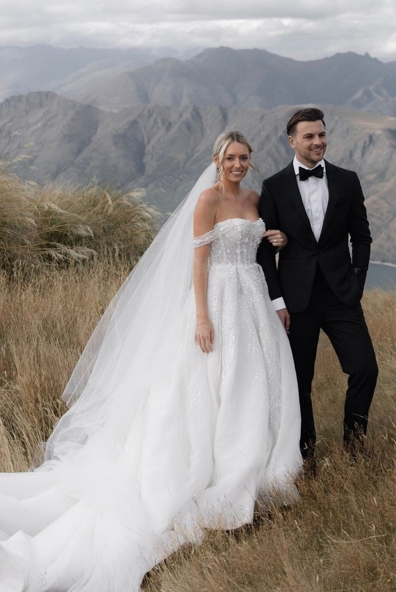 A-Line Off the Shoulder White Sequin Wedding Dresses
