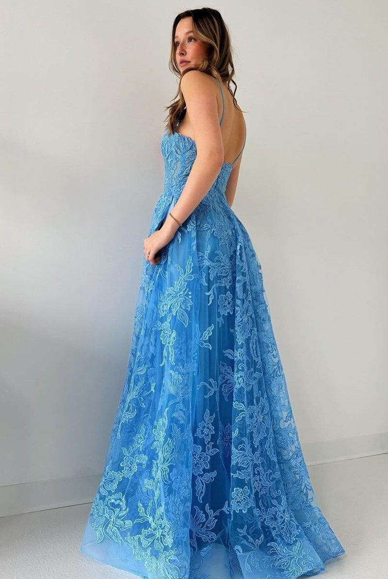 Blue Spaghetti Straps Tulle Appliques Long Prom Dresses - KissProm