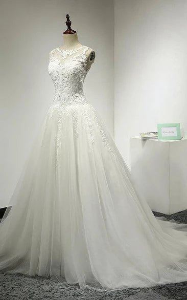 A-Line Tulle Bridal Gown Weddig Dress With Lace Bodice and Dropped Waist