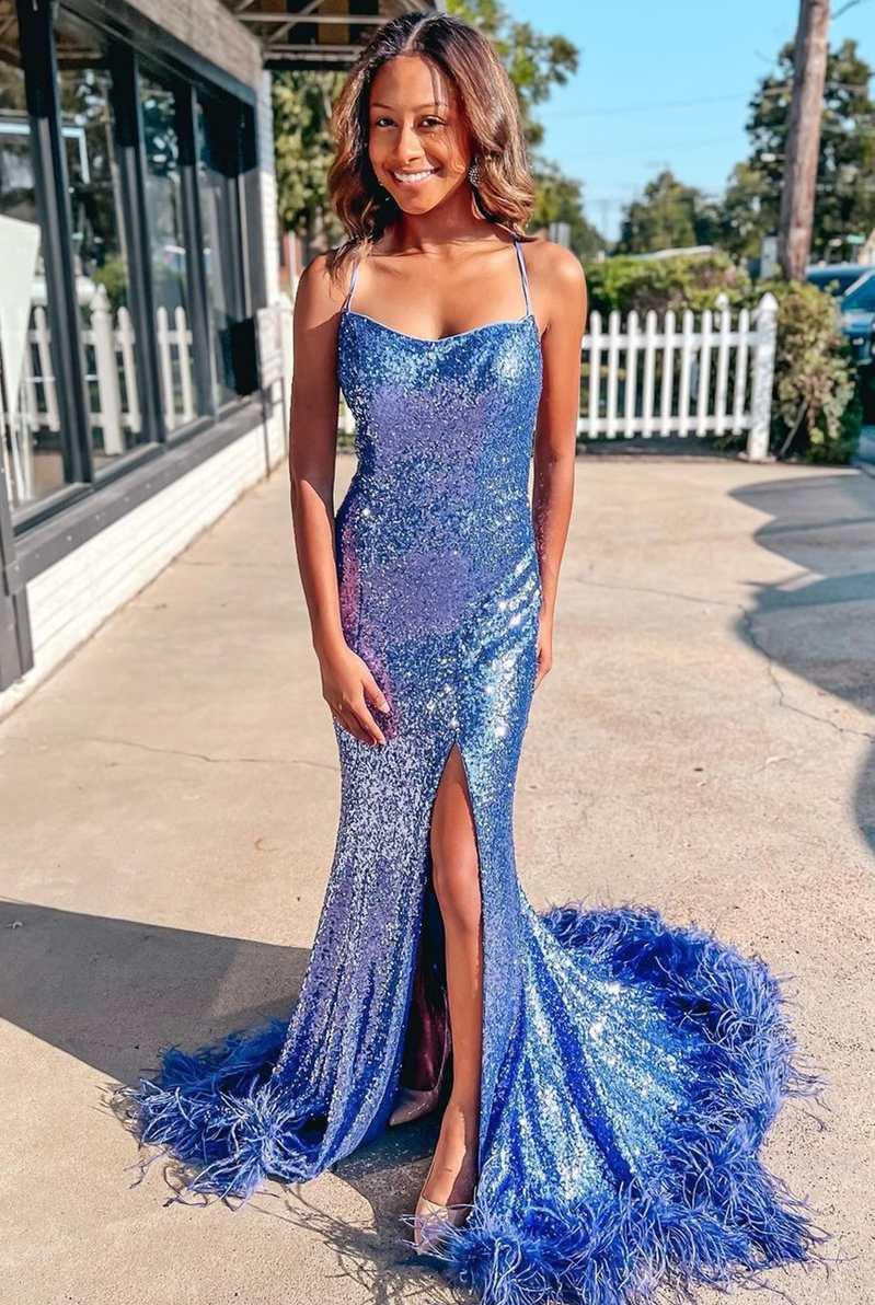 Annie | Blue Sequin Feather Lace - Up Back Mermaid Long Prom Dress with Slit - KissProm
