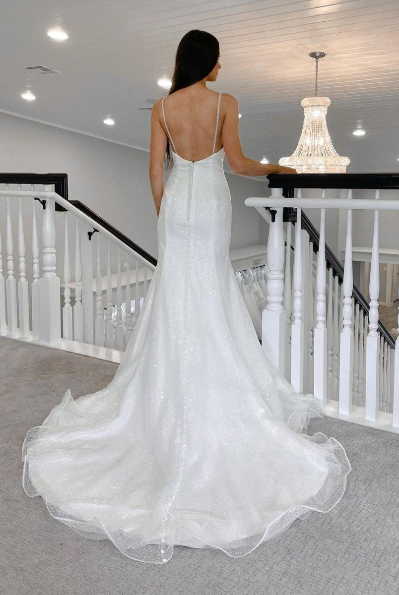 Sparkly Mermaid V Neck Sequins White Wedding Dresses