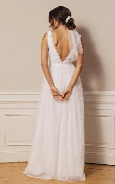 Bohemian Lace Tulle Plunging Neckline A Line Floor-length Deep-V Back Wedding Dress