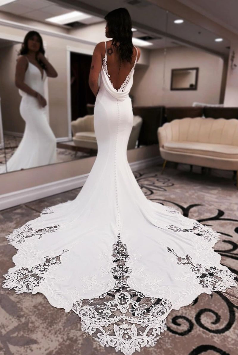 Unique Mermaid V Neck Satin Wedding Dress with Appliques - KissProm