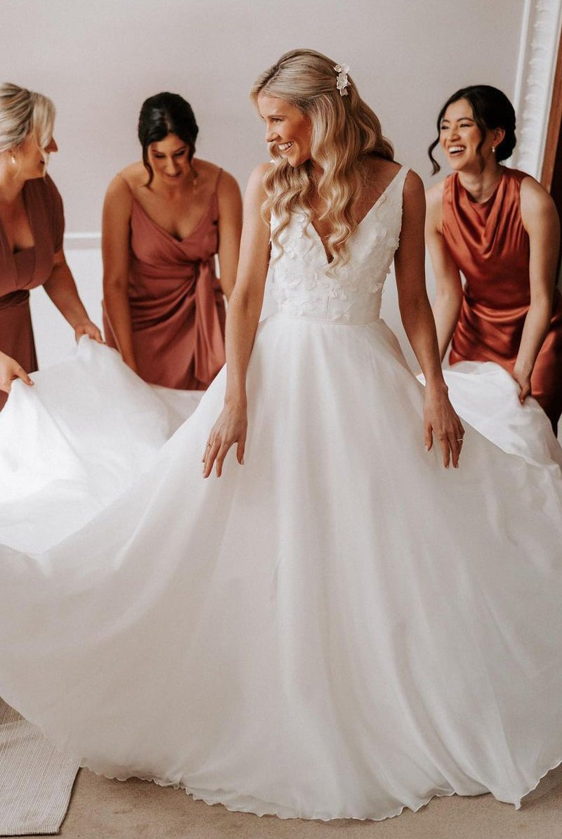 Zuri | Elegant A-Line V Neck White Chiffon Wedding Dress with Appliques