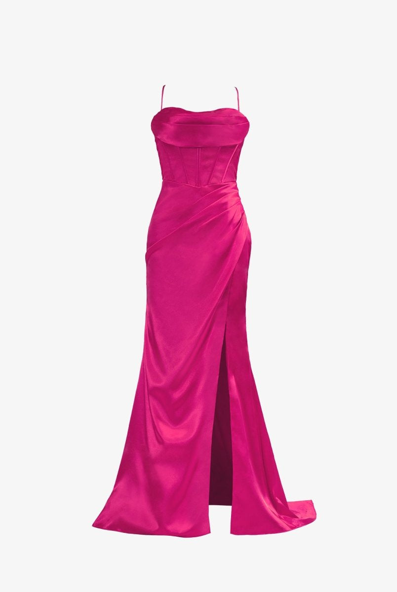 Aaliyah| Hot Pink Spaghetti Straps Satin Mermaid Prom Dress with Slit - KissProm