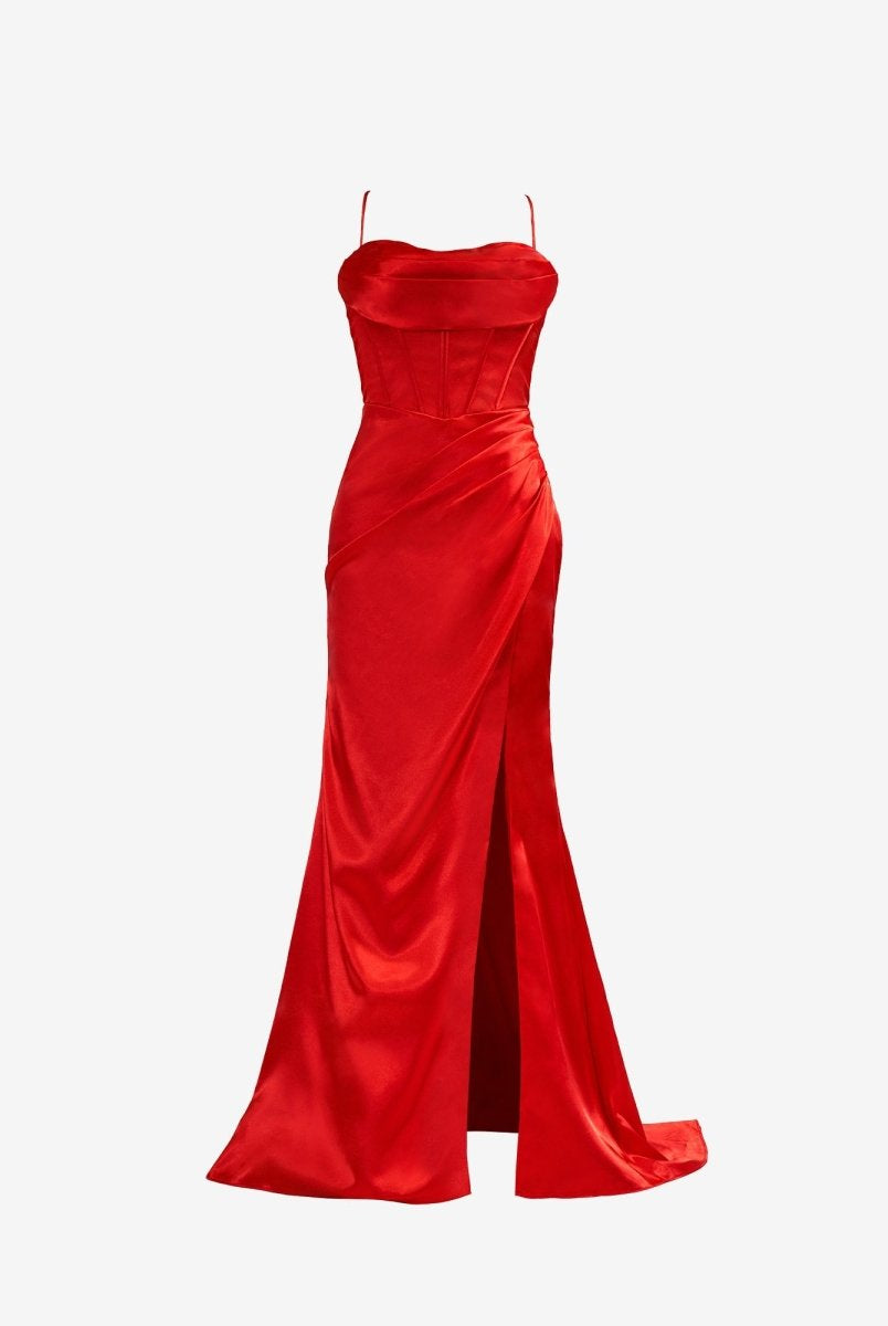 Aaliyah| Red Spaghetti Straps Satin Mermaid Prom Dress with Slit