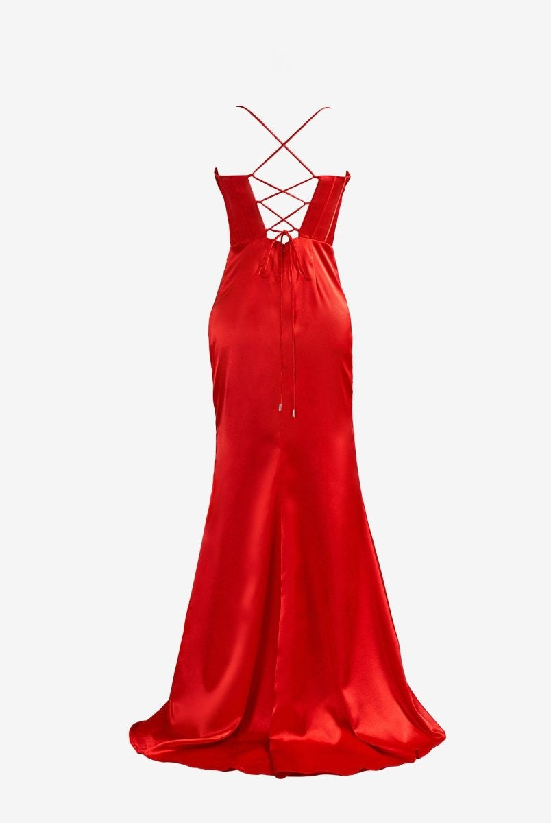 Aaliyah| Red Spaghetti Straps Satin Mermaid Prom Dress with Slit
