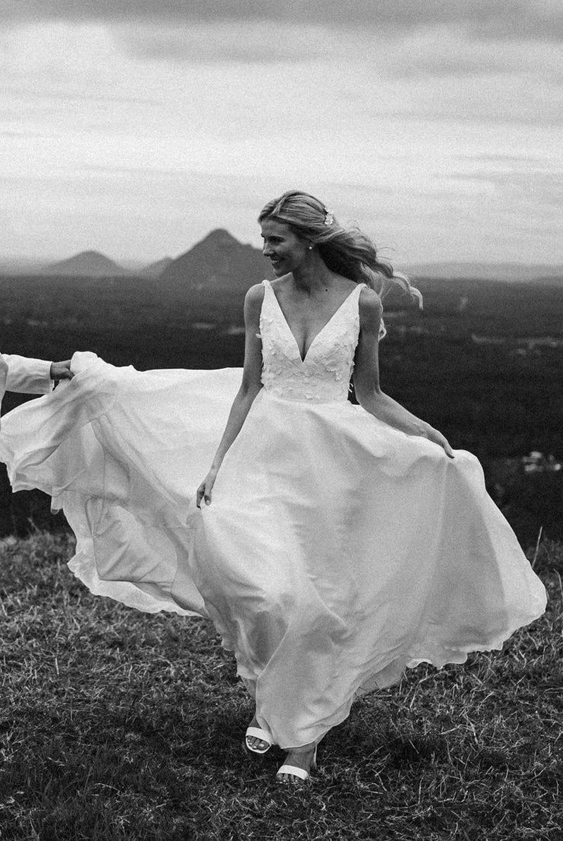 Zuri | Elegant A-Line V Neck White Chiffon Wedding Dress with Appliques