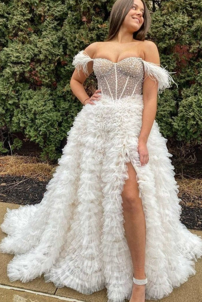 Astrid |A Line Off the Shoulder Tiered Tulle Prom Dress With Slit