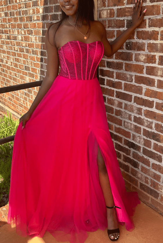 Abysmal | A - Line Strapless Beads Empire - Waist Sleeveless Prom Dress With Slit - KissProm