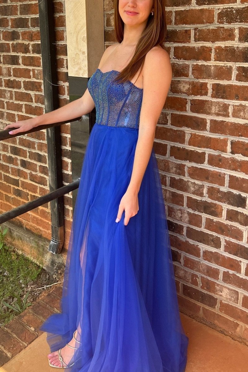 Abysmal | A - Line Strapless Beads Empire - Waist Sleeveless Prom Dress With Slit - KissProm