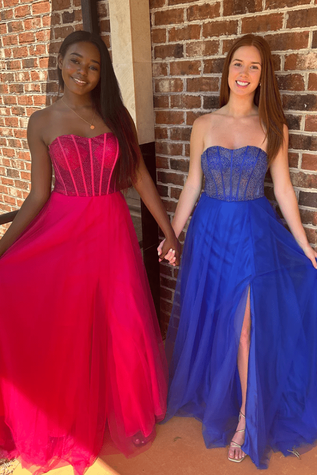 Abysmal | A - Line Strapless Beads Empire - Waist Sleeveless Prom Dress With Slit - KissProm