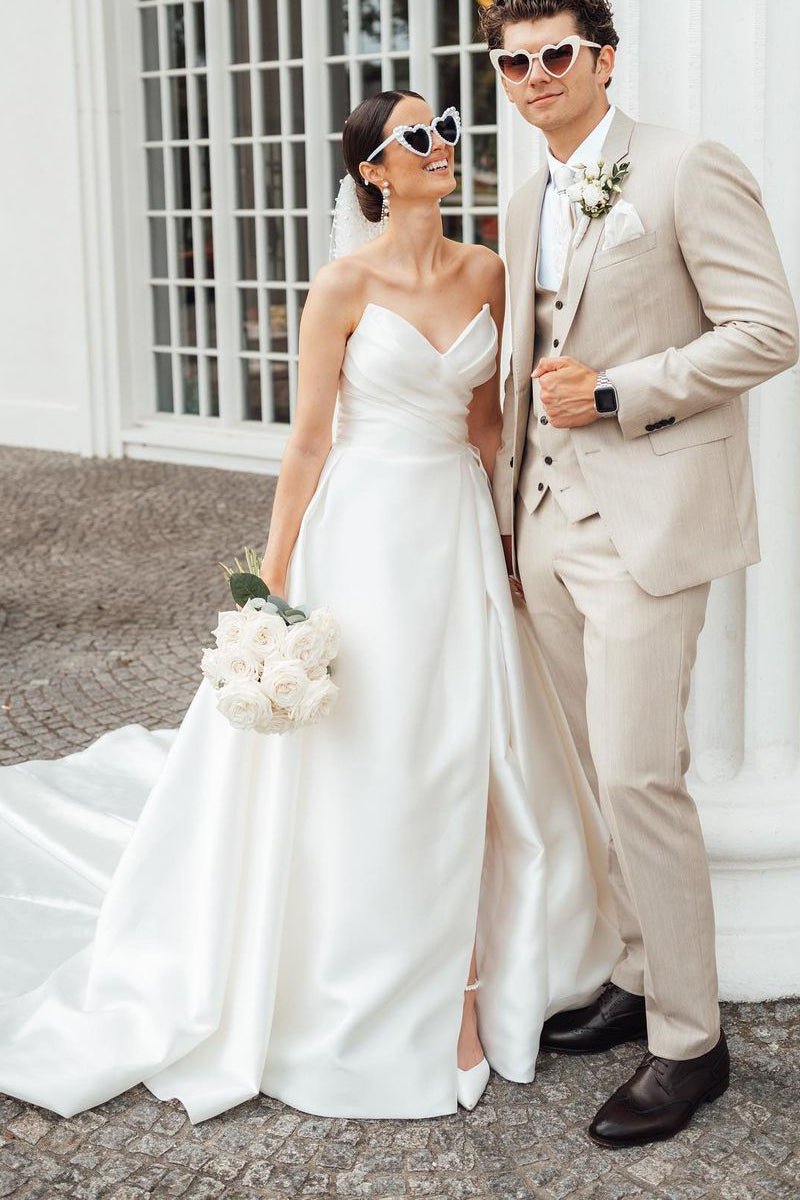 Elegant A-Line Strapless White Satin Wedding Dresses with Slit Diamond White / 16
