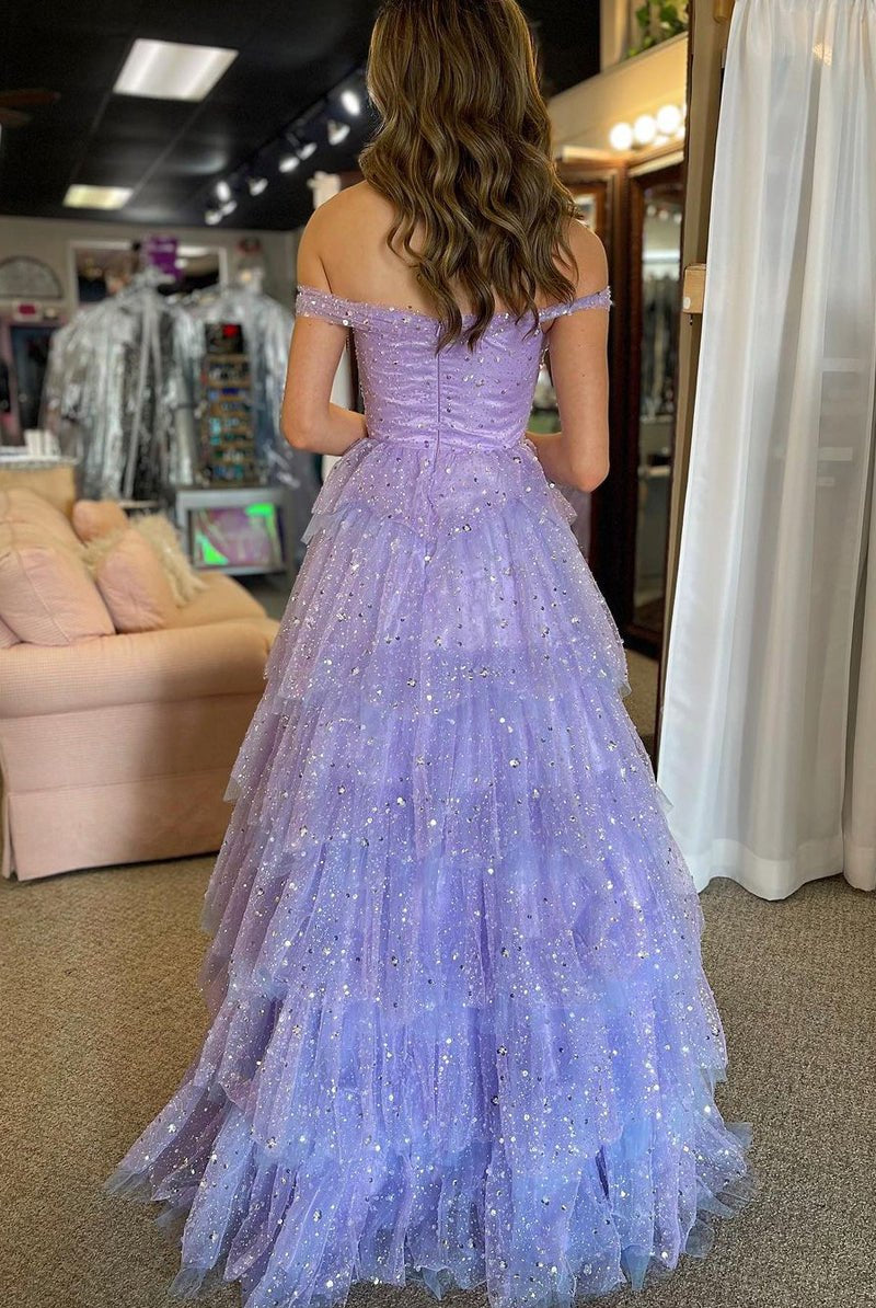 Acadia | A - Line Off the Shoulder Ruffle Tiered Tulle Long Prom Dress - KissProm