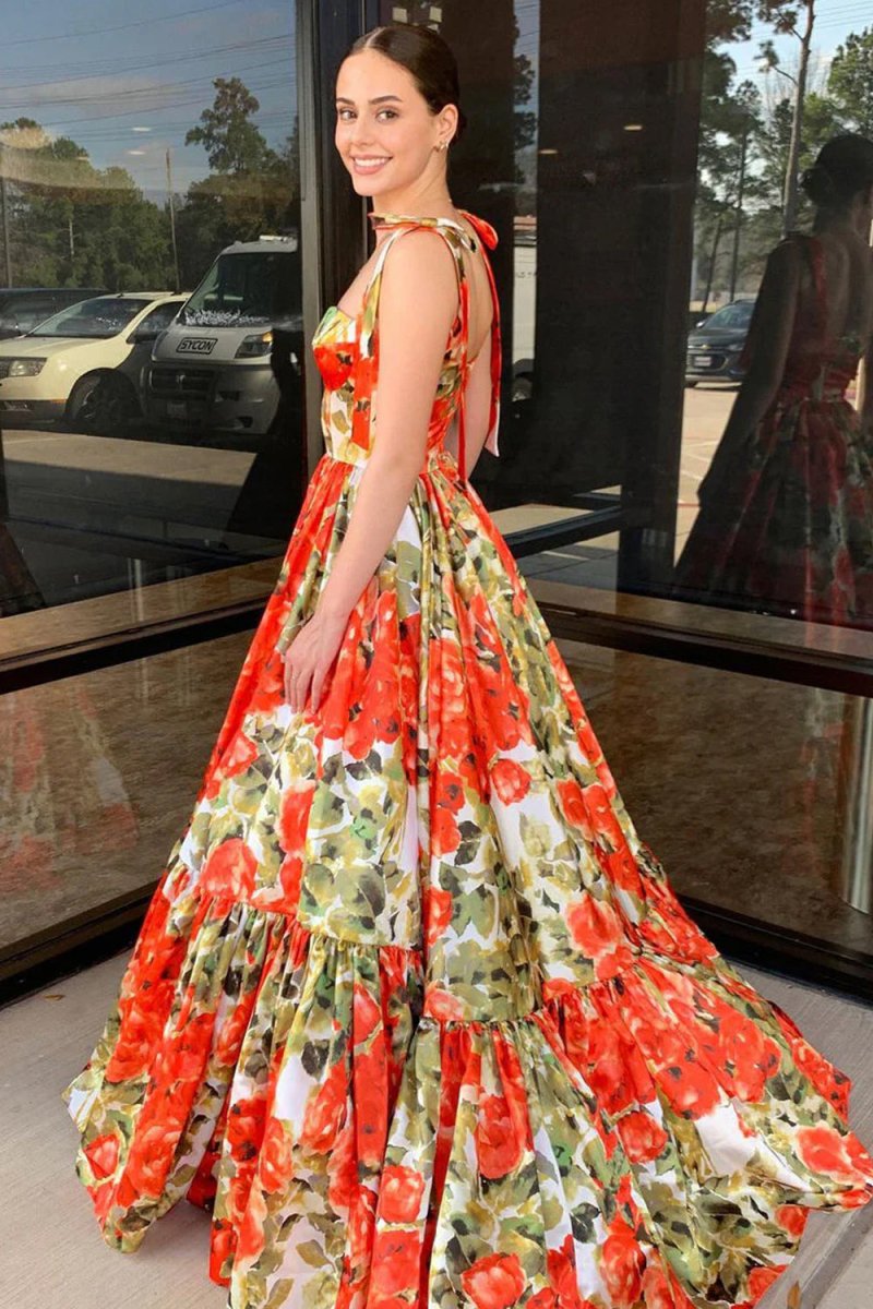 Adara | A - Line Floral Printed Satin Sweetheart Long Prom Dresses - KissProm