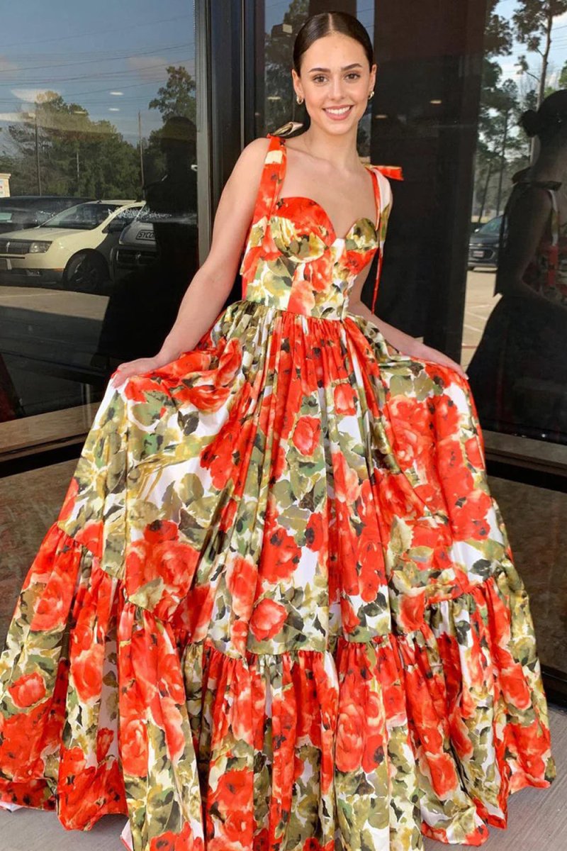 Adara | A - Line Floral Printed Satin Sweetheart Long Prom Dresses - KissProm