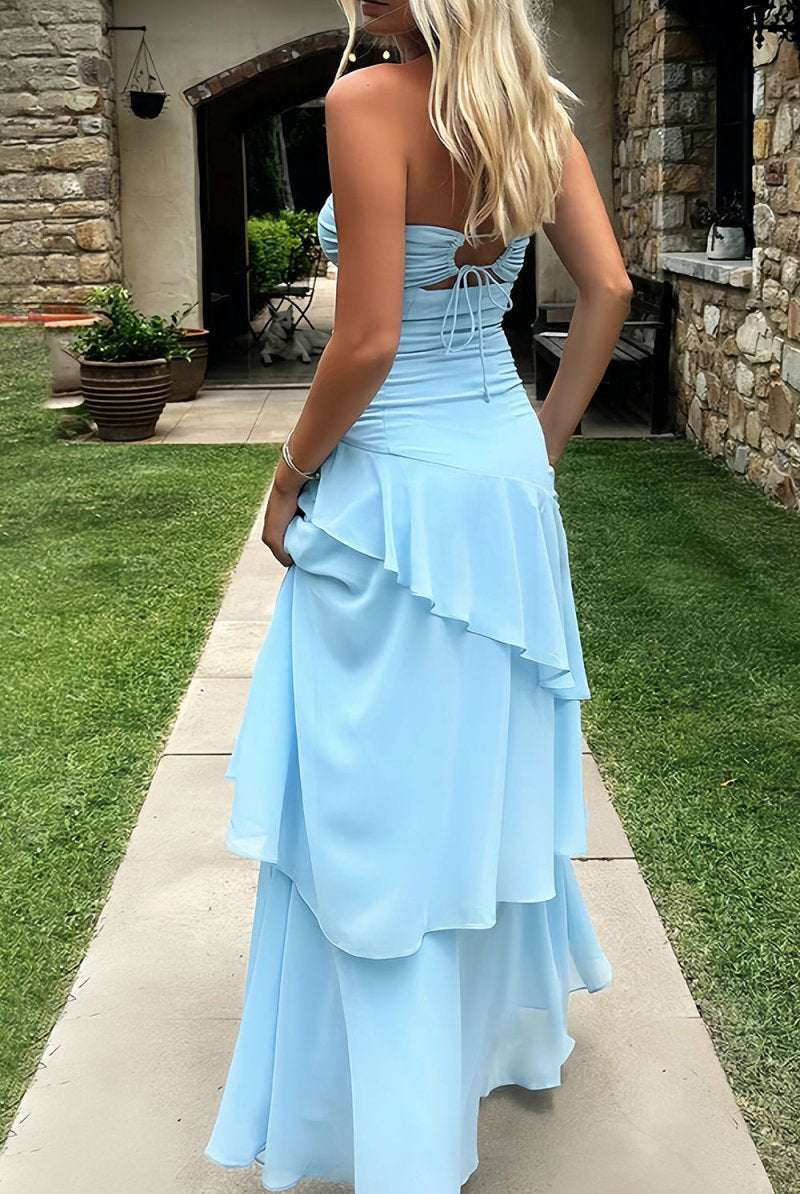 KissProm-Adel Blue Sheath Strapless Chiffon Long Prom Dresses With Ruffles
