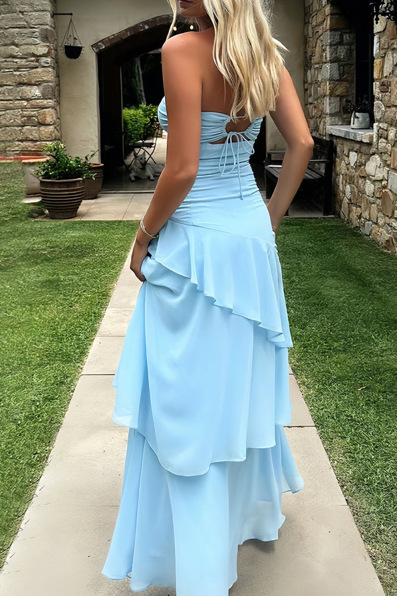 KissProm-Adel Blue Sheath Strapless Chiffon Long Prom Dresses With Ruffles