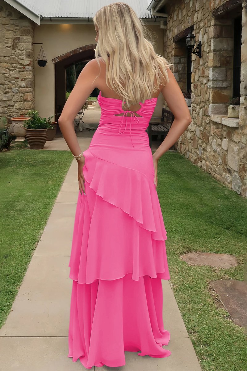 Adel | Blue - Sheath Strapless Chiffon Long Prom Dresses With Ruffles - KissProm