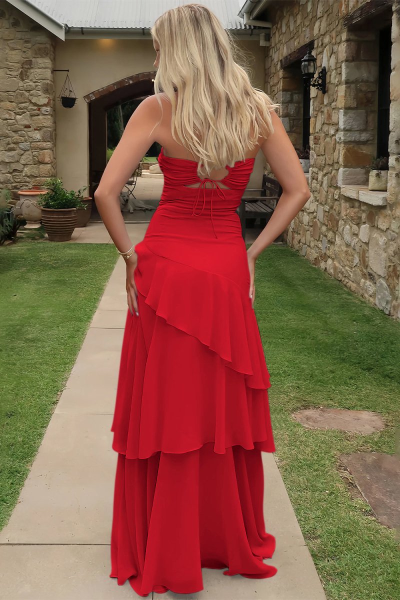 Adel | Blue - Sheath Strapless Chiffon Long Prom Dresses With Ruffles - KissProm