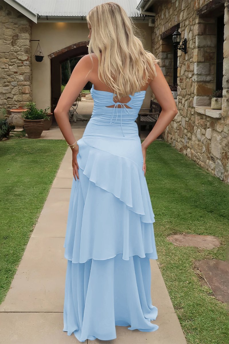 Adel | Blue - Sheath Strapless Chiffon Long Prom Dresses With Ruffles - KissProm