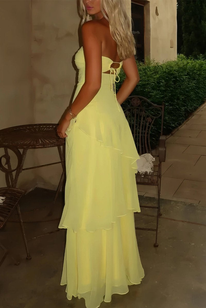 KissProm-Adel Yellow Sheath Strapless Chiffon Long Prom Dresses With Ruffles