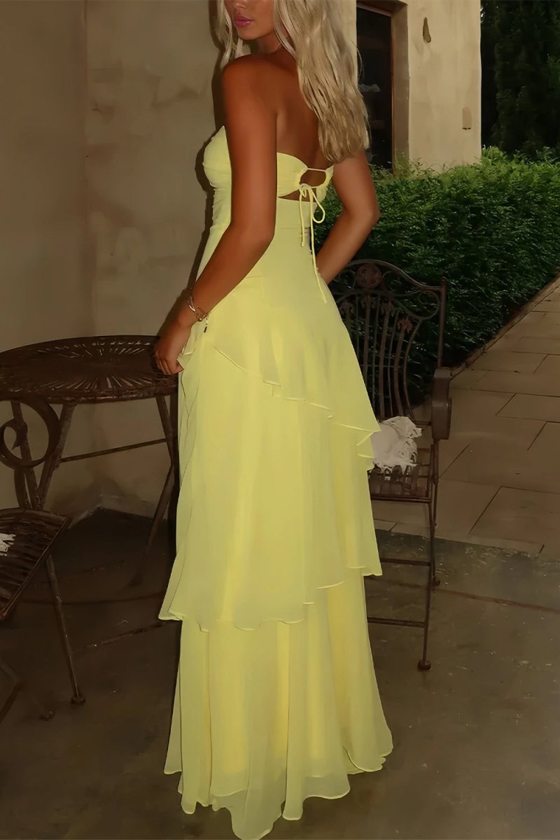 KissProm-Adel Yellow Sheath Strapless Chiffon Long Prom Dresses With Ruffles