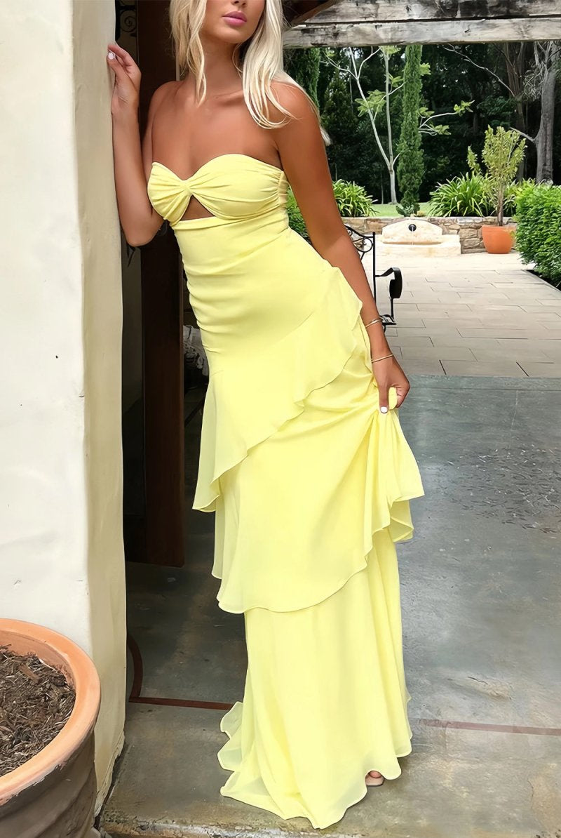 KissProm-Adel Yellow Sheath Strapless Chiffon Long Prom Dresses With Ruffles