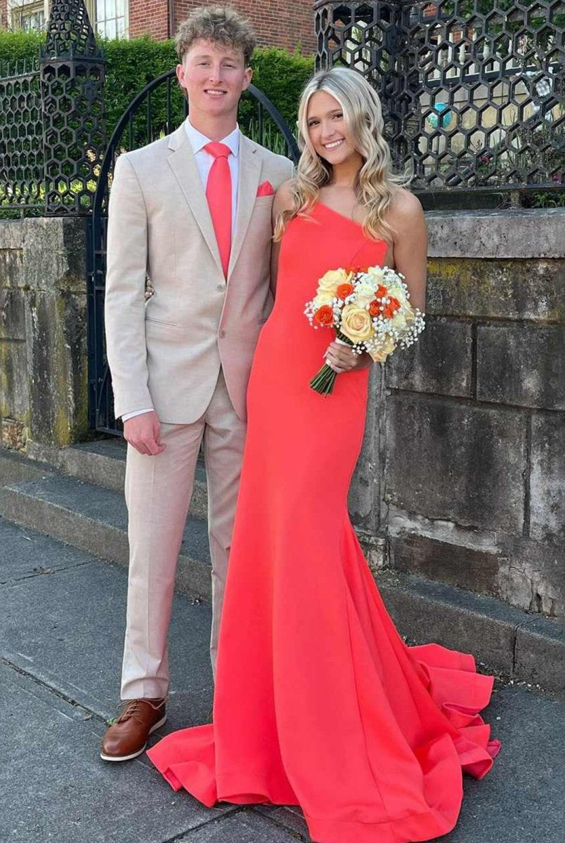 Adley | One Shoulder Mermaid Sleeveless Satin Prom Dress with Train - KissProm